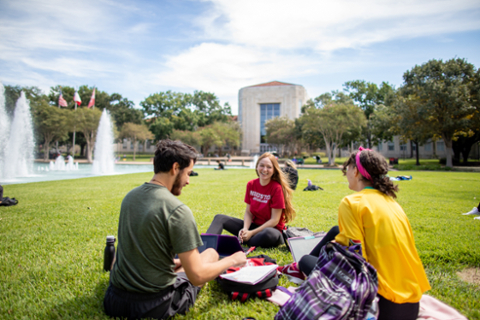 Three students sitting on the grass