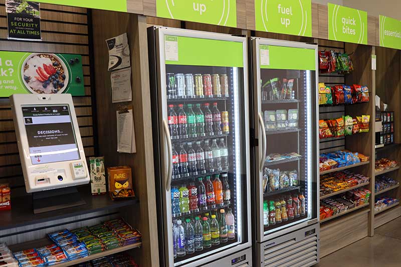 Shelves of convenience snacks and drinks